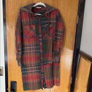 Plaid Hooded distressed layered Long Shirt Dress